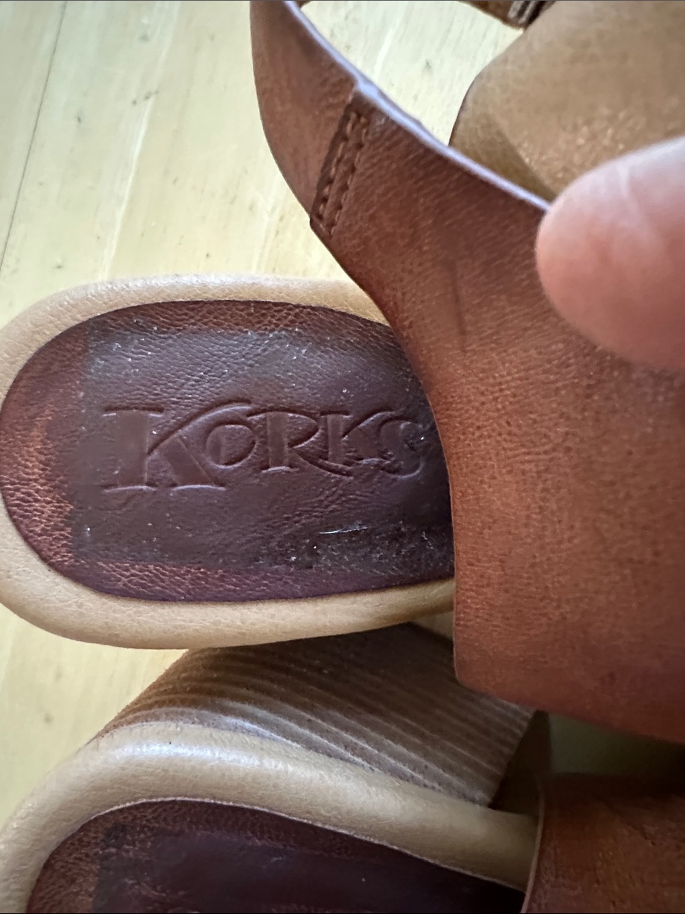 Korks Tan Brown Leather Peep-Toe Slingback Wedges - Picture 5 of 15